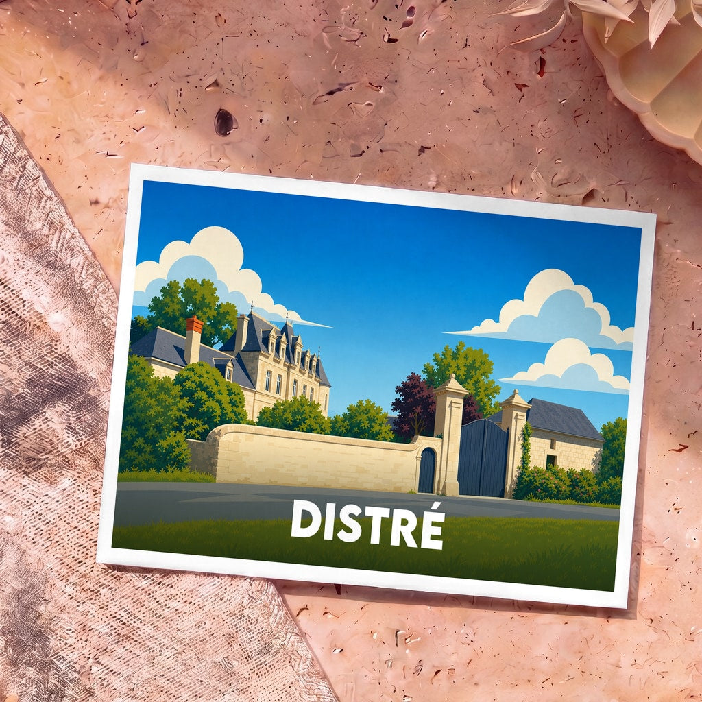 Carte postale souvenir de la ville de Distré avec une illustration stylisée d'un château et de ses jardins.