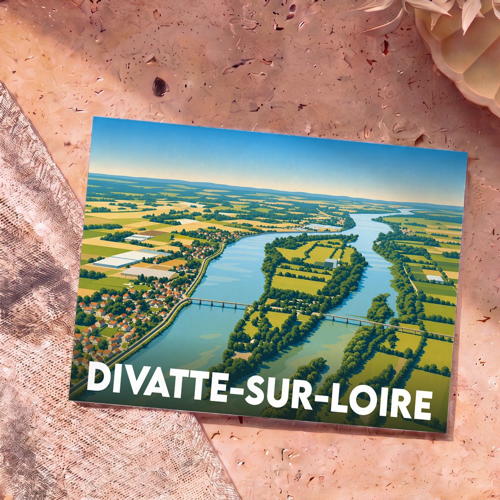 Carte postale souvenir de la ville de Divatte-sur-Loire avec une illustration stylisée d'un paysage fluvial.