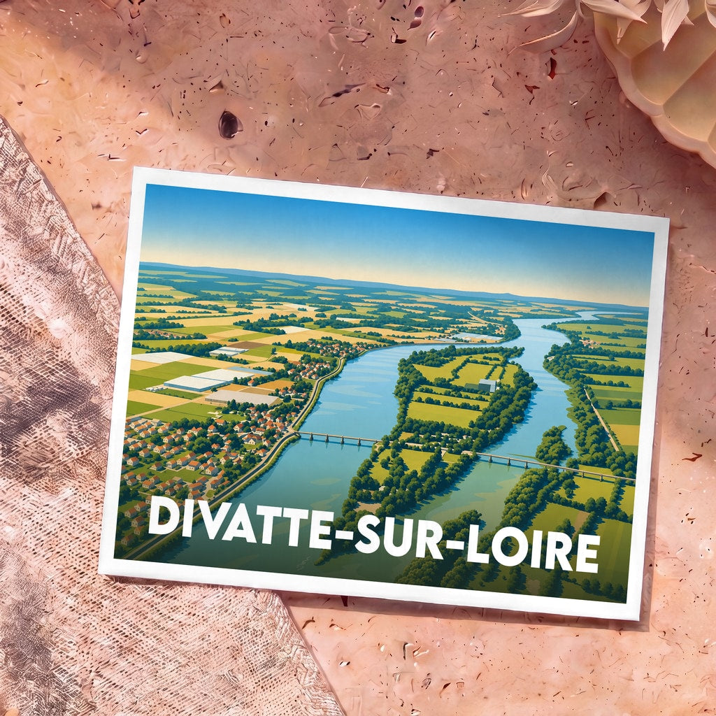 Carte postale souvenir de la ville de Divatte-sur-Loire avec une illustration stylisée d'un paysage fluvial.