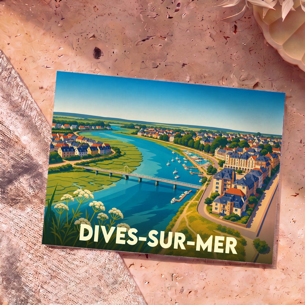 Carte postale souvenir de la ville de Dives-sur-Mer avec une illustration stylisée et colorée du port et de son estuaire.