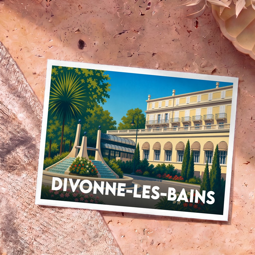 Carte postale souvenir de la ville de Divonne-les-Bains avec une illustration stylisée d'un bâtiment thermal et d'une fontaine.