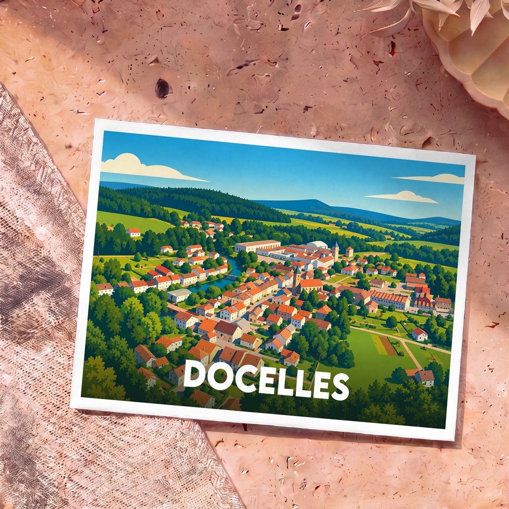 Carte postale souvenir de la ville de Docelles avec une illustration stylisée et colorée.