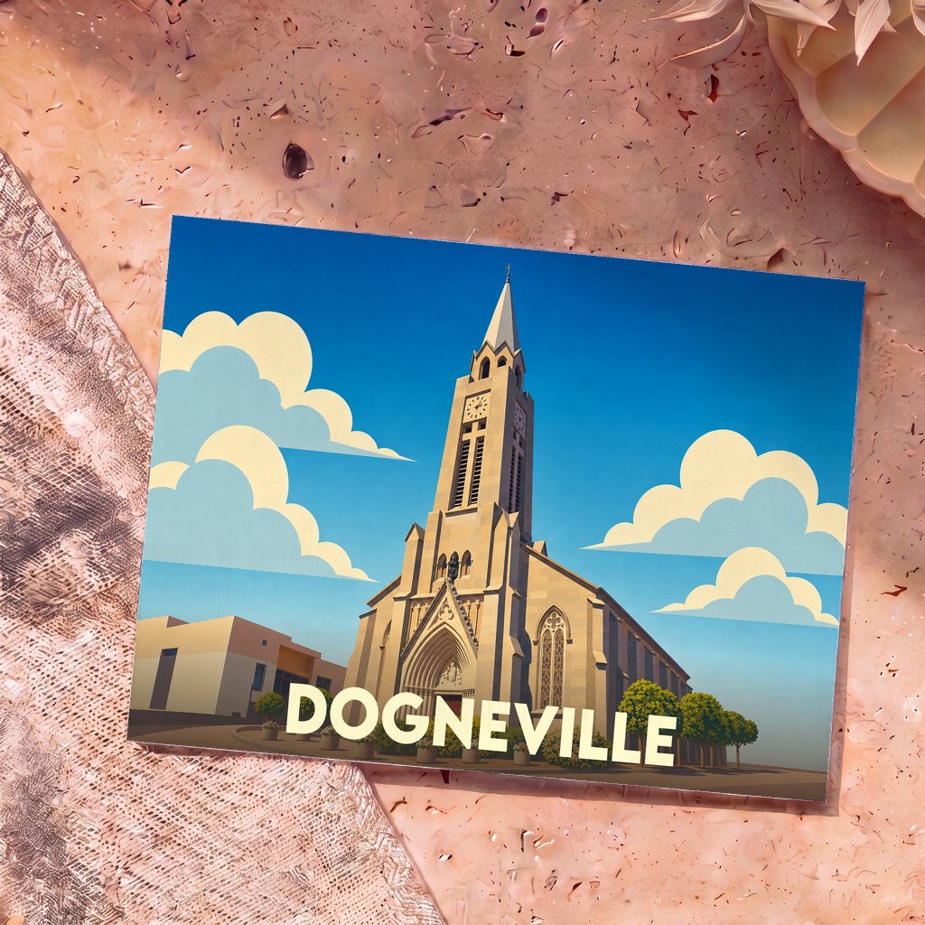 Carte postale souvenir de la ville de Dogneville avec une illustration stylisée de son église sous un ciel nuageux.
