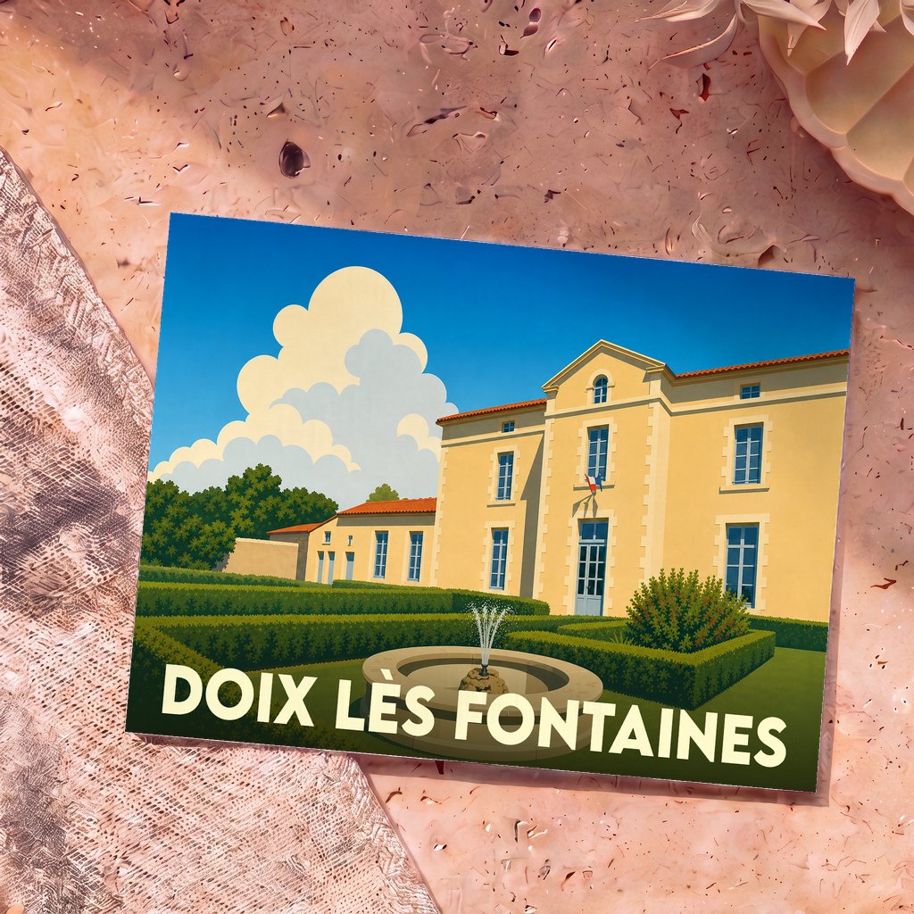 Carte postale souvenir de la ville de Doix lès Fontaines avec une illustration stylisée de sa mairie et de son jardin.