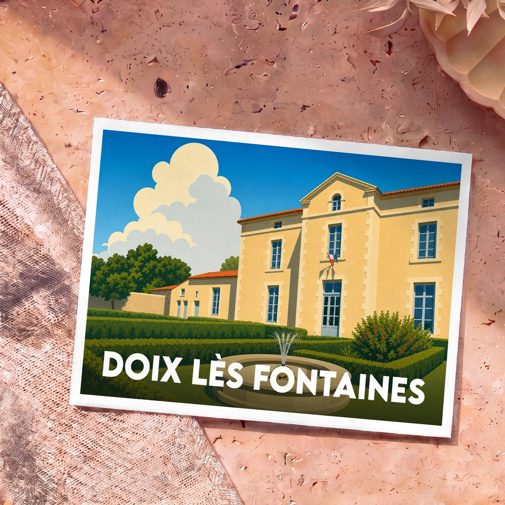 Carte postale souvenir de la ville de Doix lès Fontaines avec une illustration stylisée de sa mairie et de son jardin.