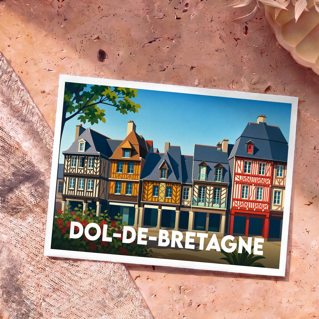 Carte postale souvenir de Dol-de-Bretagne illustrant ses maisons à colombages typiques dans un style graphique coloré.