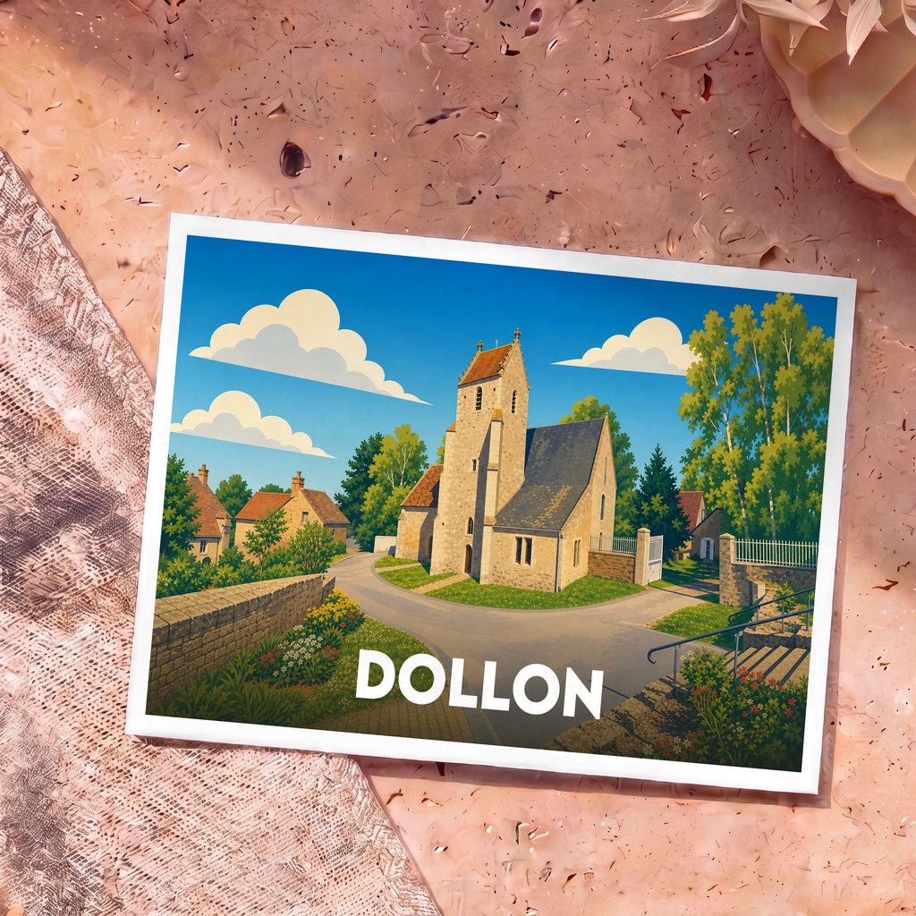 Carte postale souvenir de la ville de Dollon illustrant une église de village sous un ciel bleu.