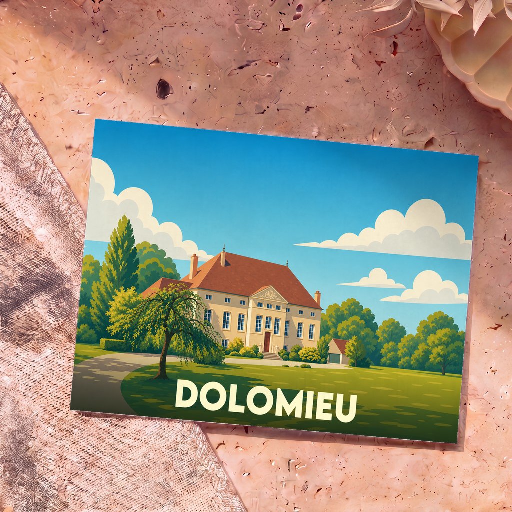 Carte postale souvenir de la ville de Dolomieu avec une illustration stylisée d'une grande demeure et de son jardin.