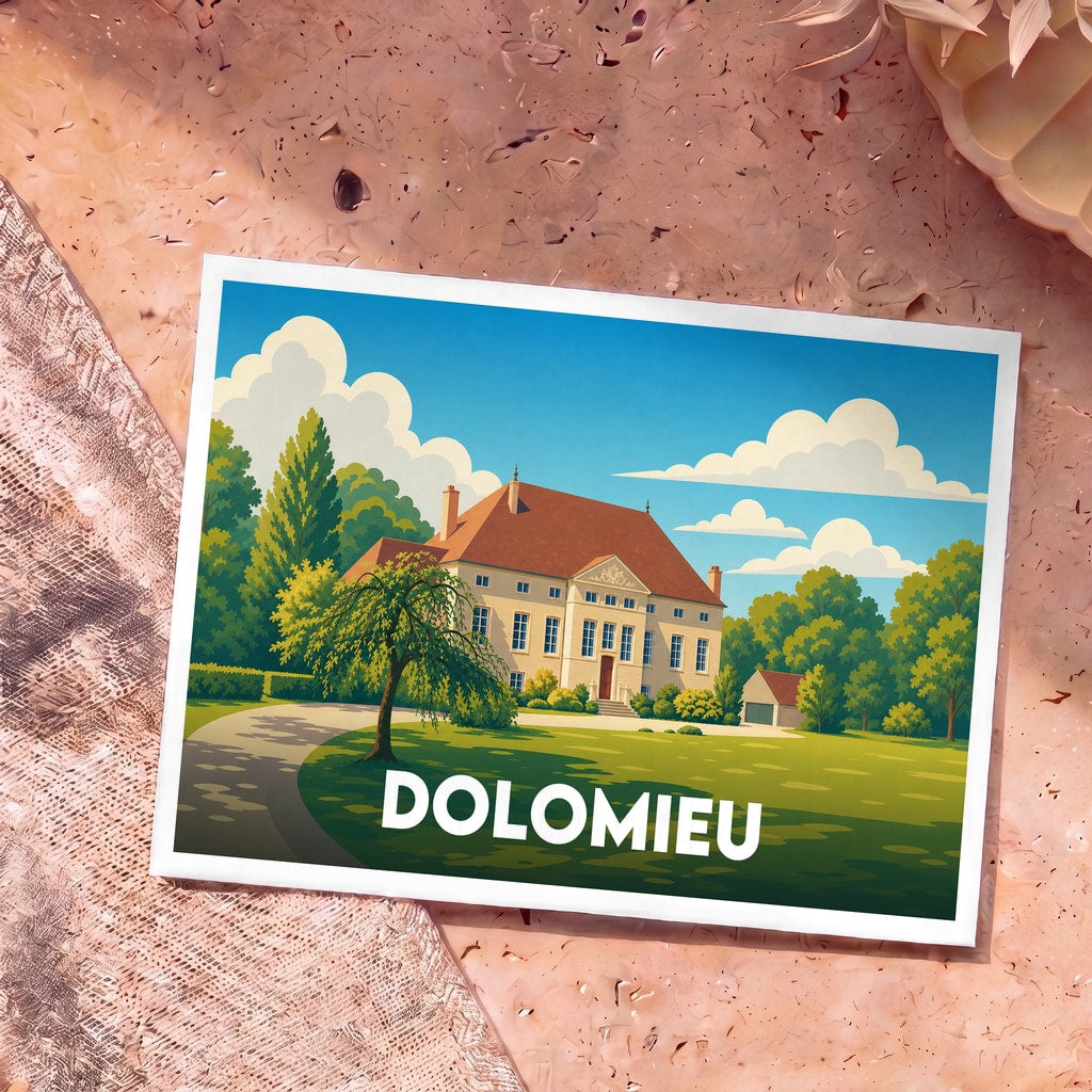 Carte postale souvenir de la ville de Dolomieu avec une illustration stylisée d'une grande demeure et de son jardin.
