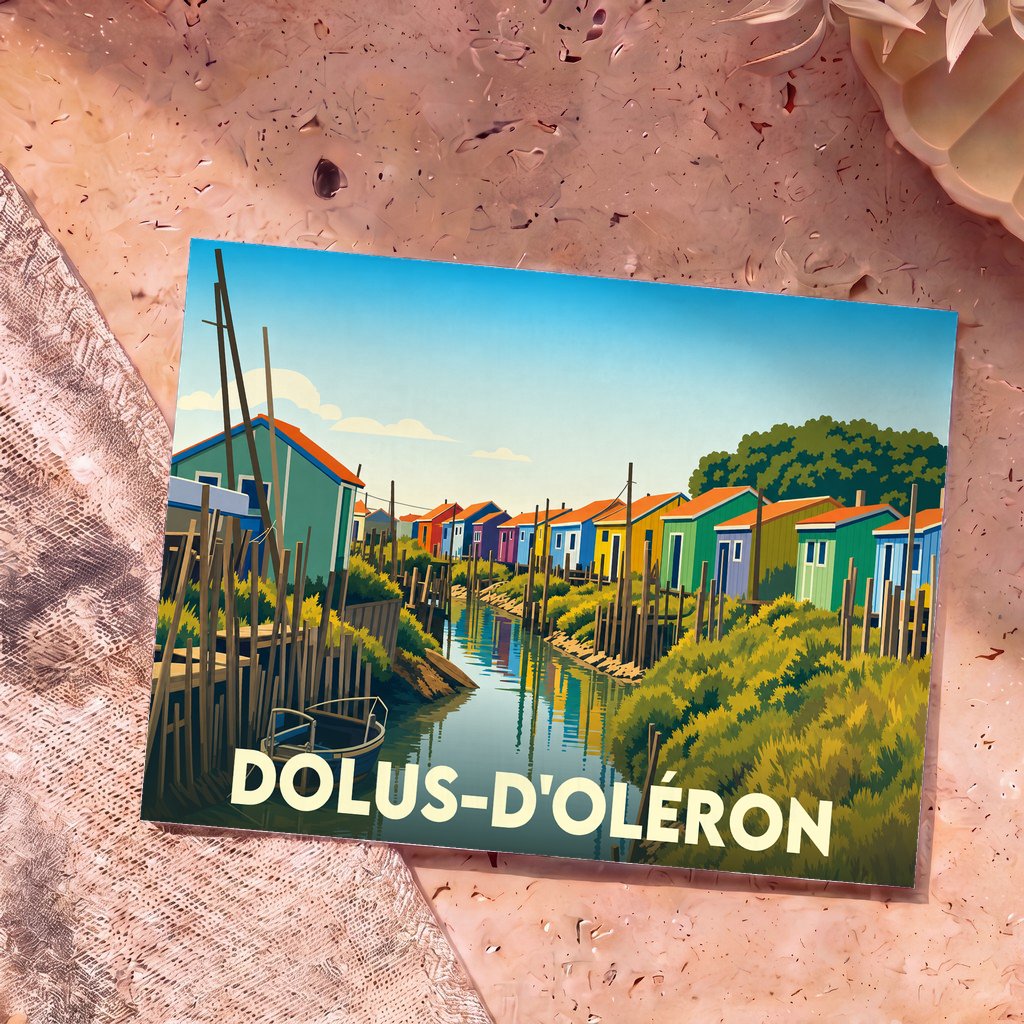 Carte postale souvenir de Dolus-d'Oléron illustrant des cabanes ostréicoles colorées au bord d'un chenal.