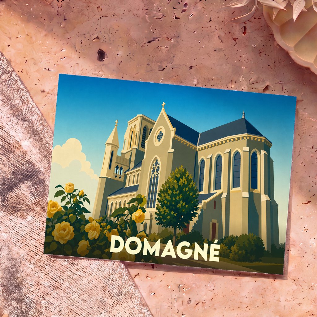 Carte postale souvenir de la ville de Domagné avec une illustration stylisée de son église et de fleurs jaunes.