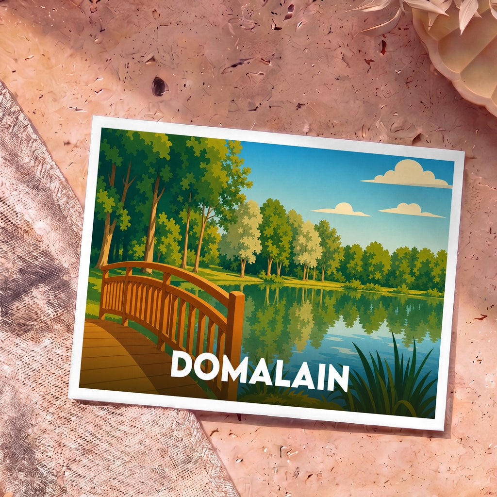 Carte postale souvenir de la ville de Domalain avec une illustration stylisée d'un pont en bois au bord d'un lac.
