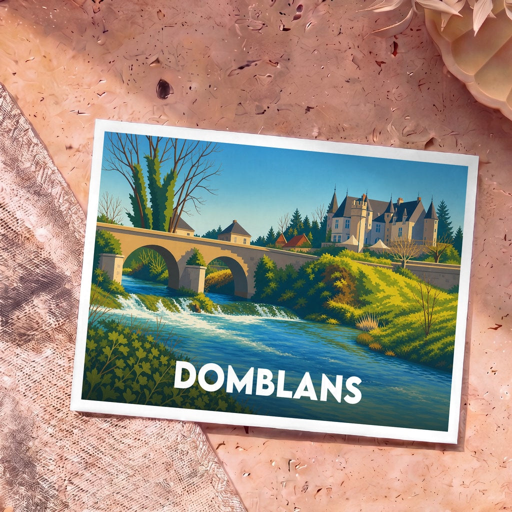 Carte postale souvenir de la ville de Domblans avec une illustration stylisée représentant son pont, sa rivière et son château.