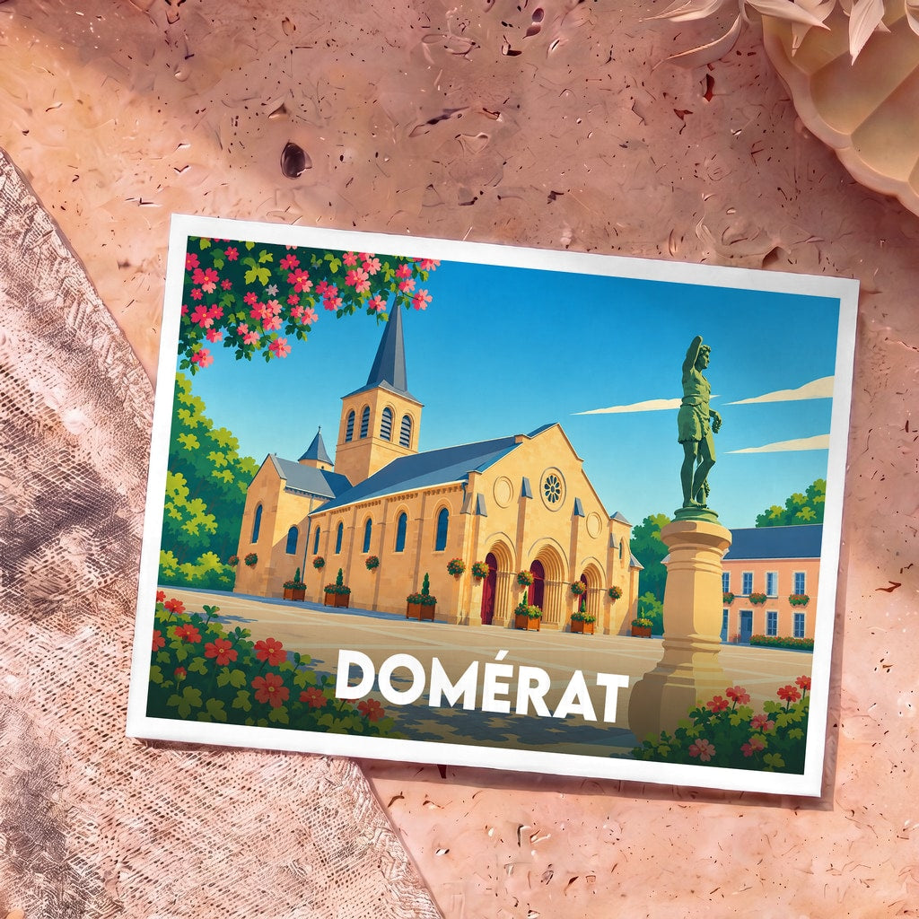 Carte postale souvenir de la ville de Domérat avec une illustration stylisée de son église et d'une statue.