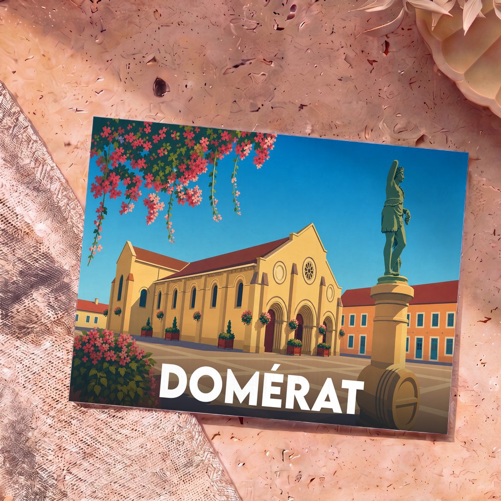 Carte postale souvenir de la ville de Domérat avec une illustration stylisée de son église et de sa place.