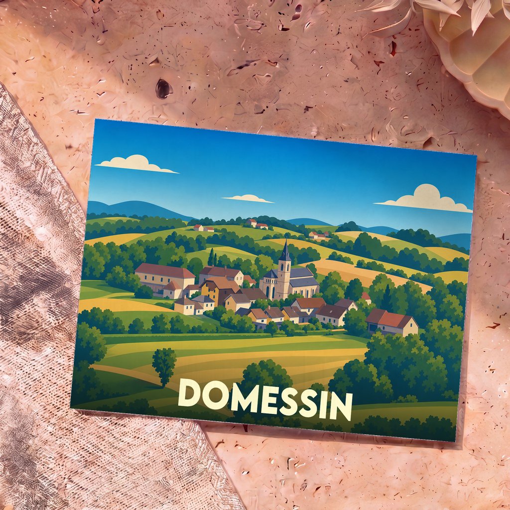 Carte postale souvenir de la ville de Domessin avec une illustration stylisée de son paysage rural.