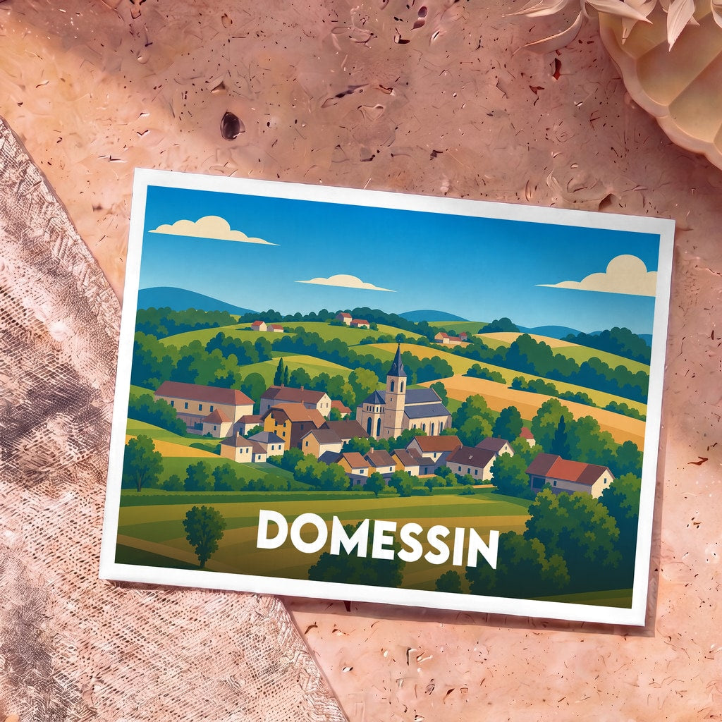 Carte postale souvenir de la ville de Domessin avec une illustration stylisée de son paysage rural.