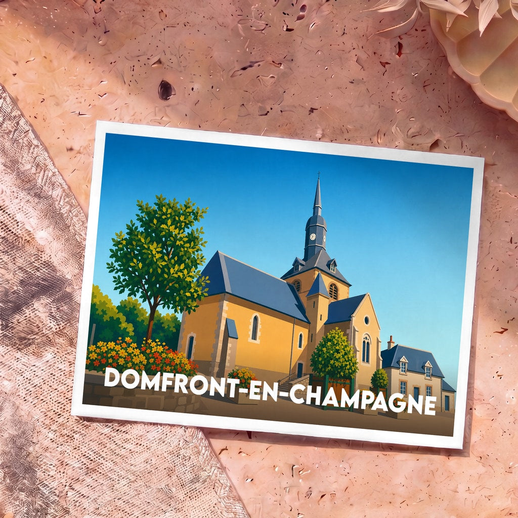Carte postale souvenir de la ville de Domfront-en-Champagne avec une illustration stylisée de son église.