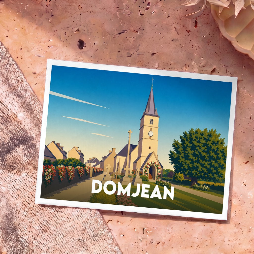 Carte postale souvenir de la ville de Domjean avec une illustration stylisée de son église et de son cimetière.