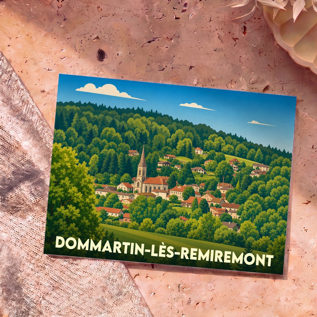 Carte postale souvenir de la ville de Dommartin-lès-Remiremont avec une illustration stylisée d'un village niché dans une forêt verdoyante.