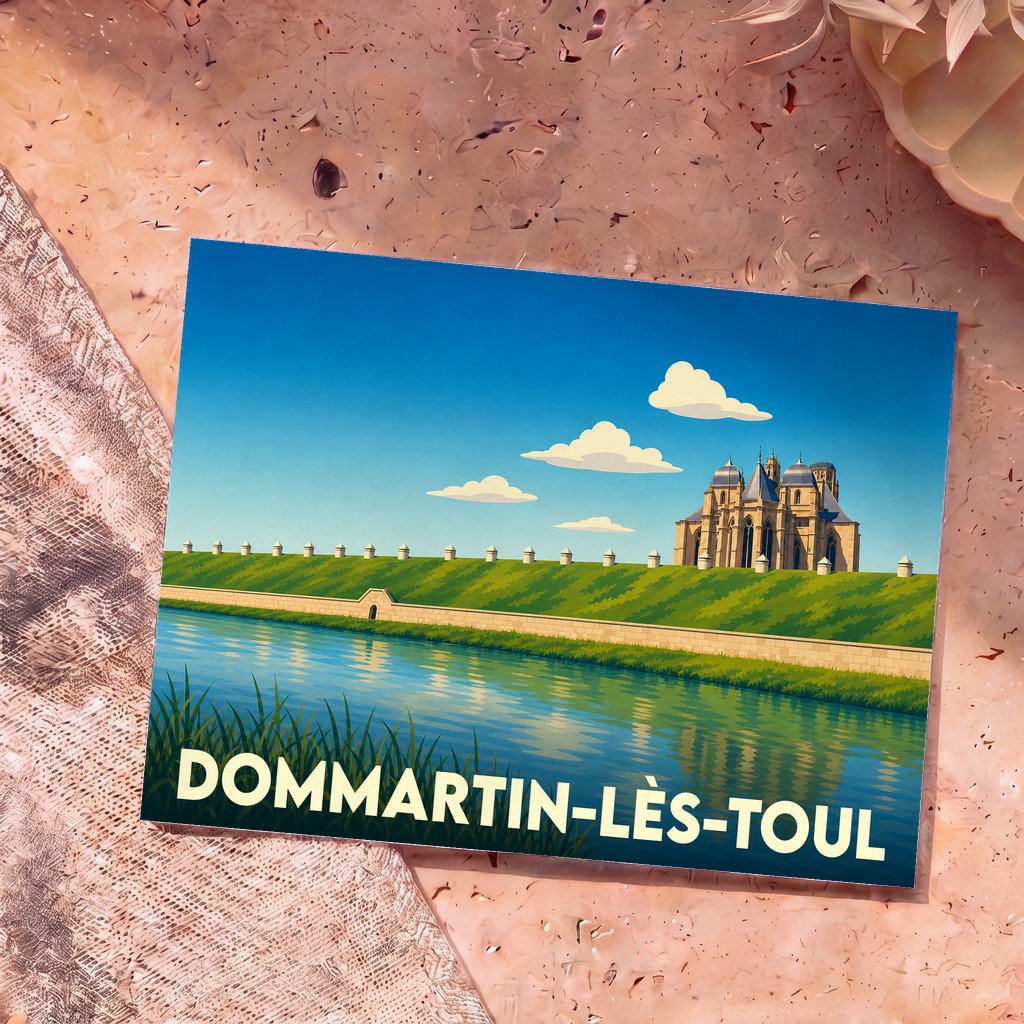 Carte postale souvenir de la ville de Dommartin-lès-Toul avec une illustration stylisée.