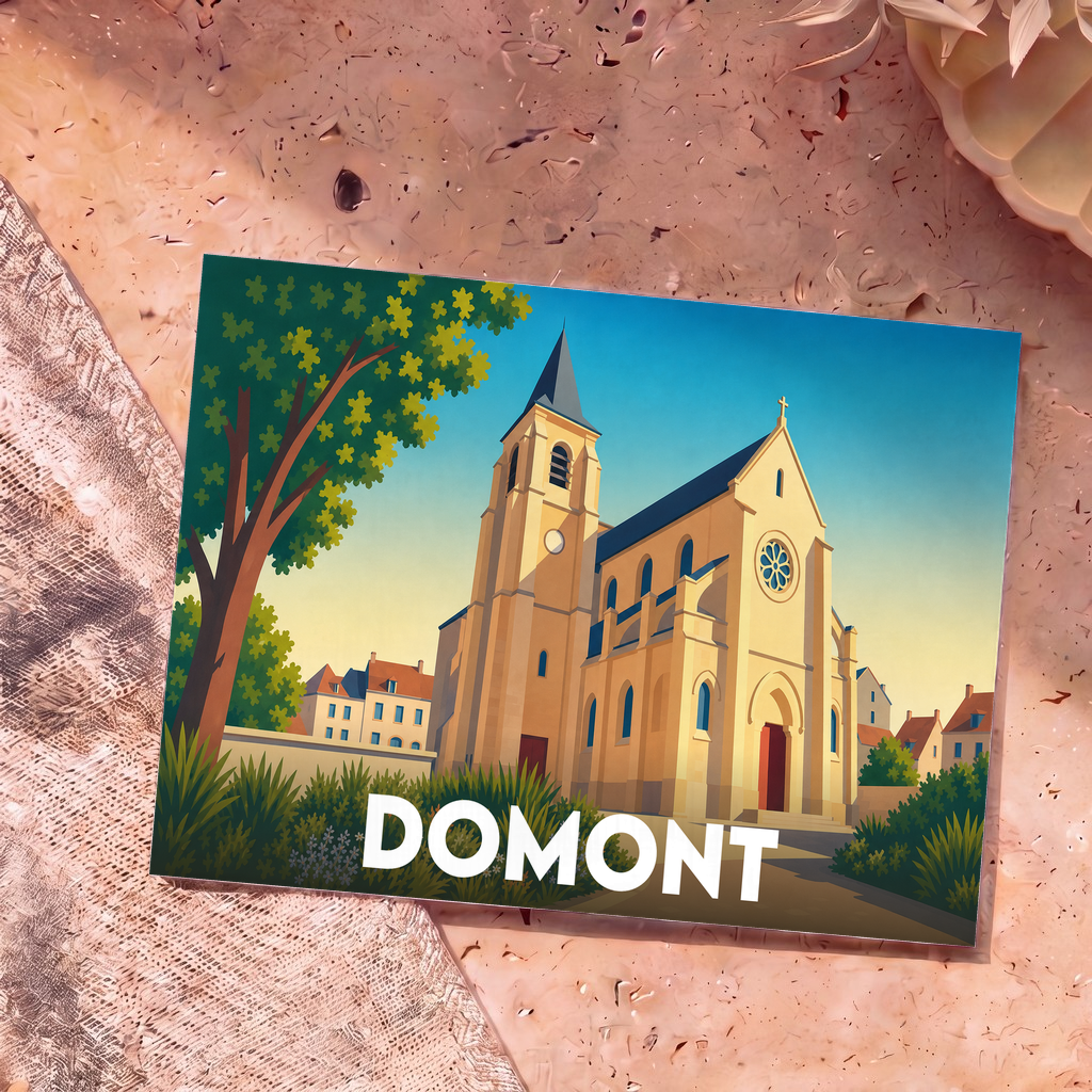 Carte postale souvenir de la ville de Domont avec une illustration stylisée de son église et de ses environs.