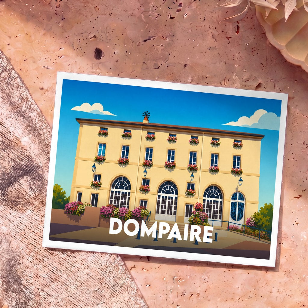 Carte postale souvenir de la ville de Dompaire illustrant un grand bâtiment fleuri sous un ciel bleu.