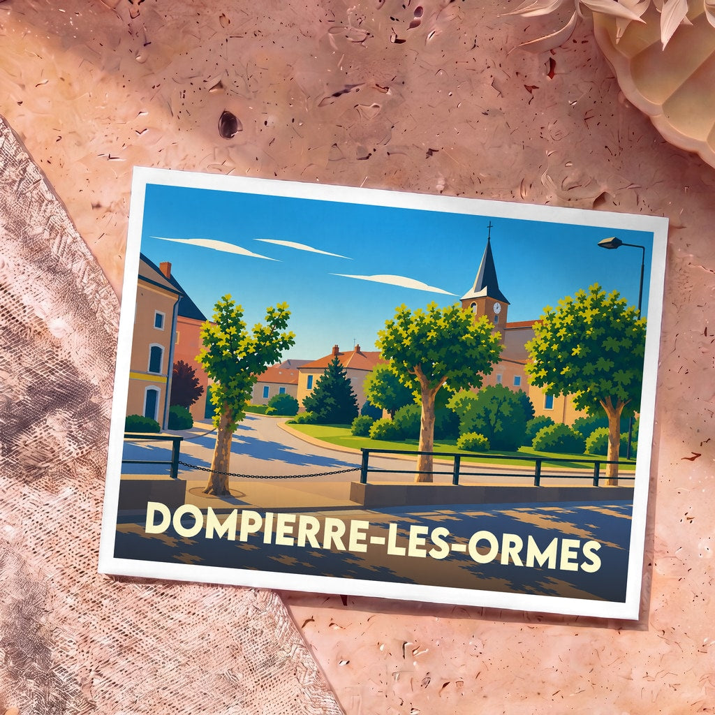 Carte postale souvenir de la ville de Dompierre-les-Ormes avec une illustration stylisée d'un village français ensoleillé.