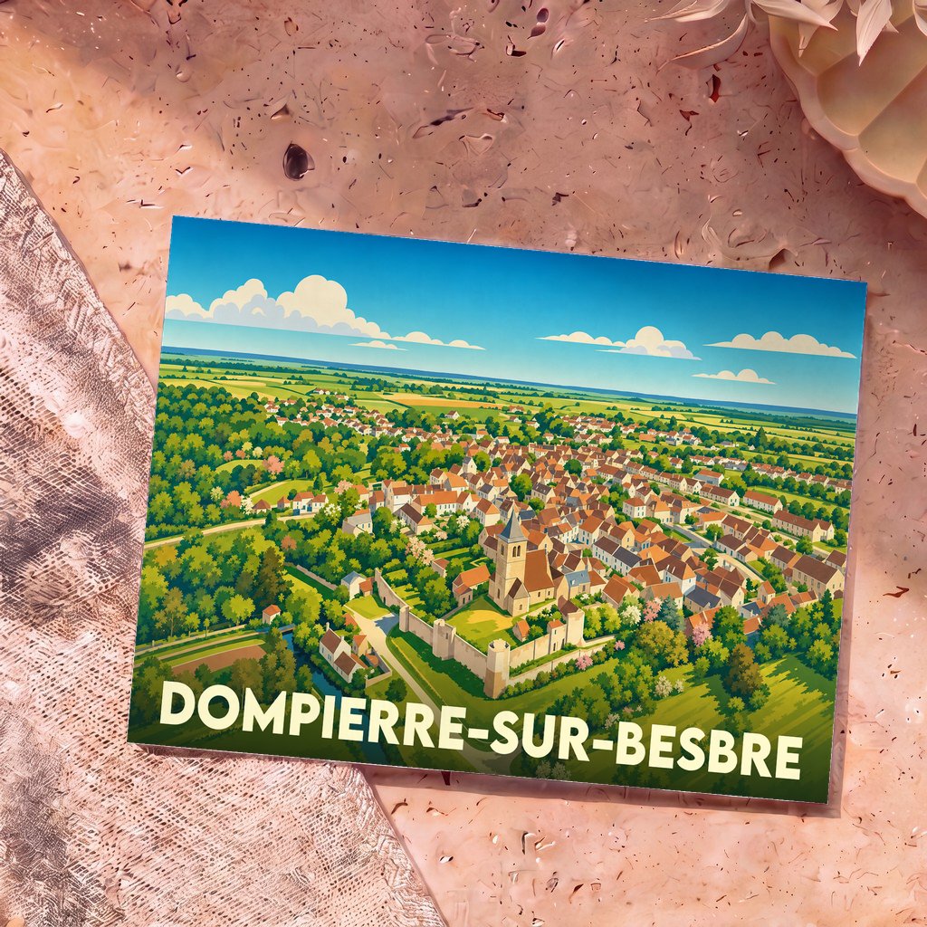 Carte postale souvenir de la ville de Dompierre-sur-Besbre avec une illustration aérienne stylisée.