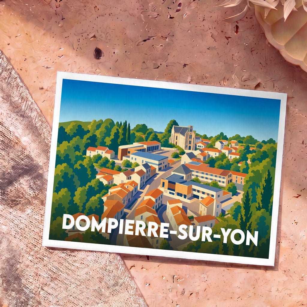 Carte postale souvenir de Dompierre-sur-Yon illustrant le village dans un style graphique épuré et coloré.