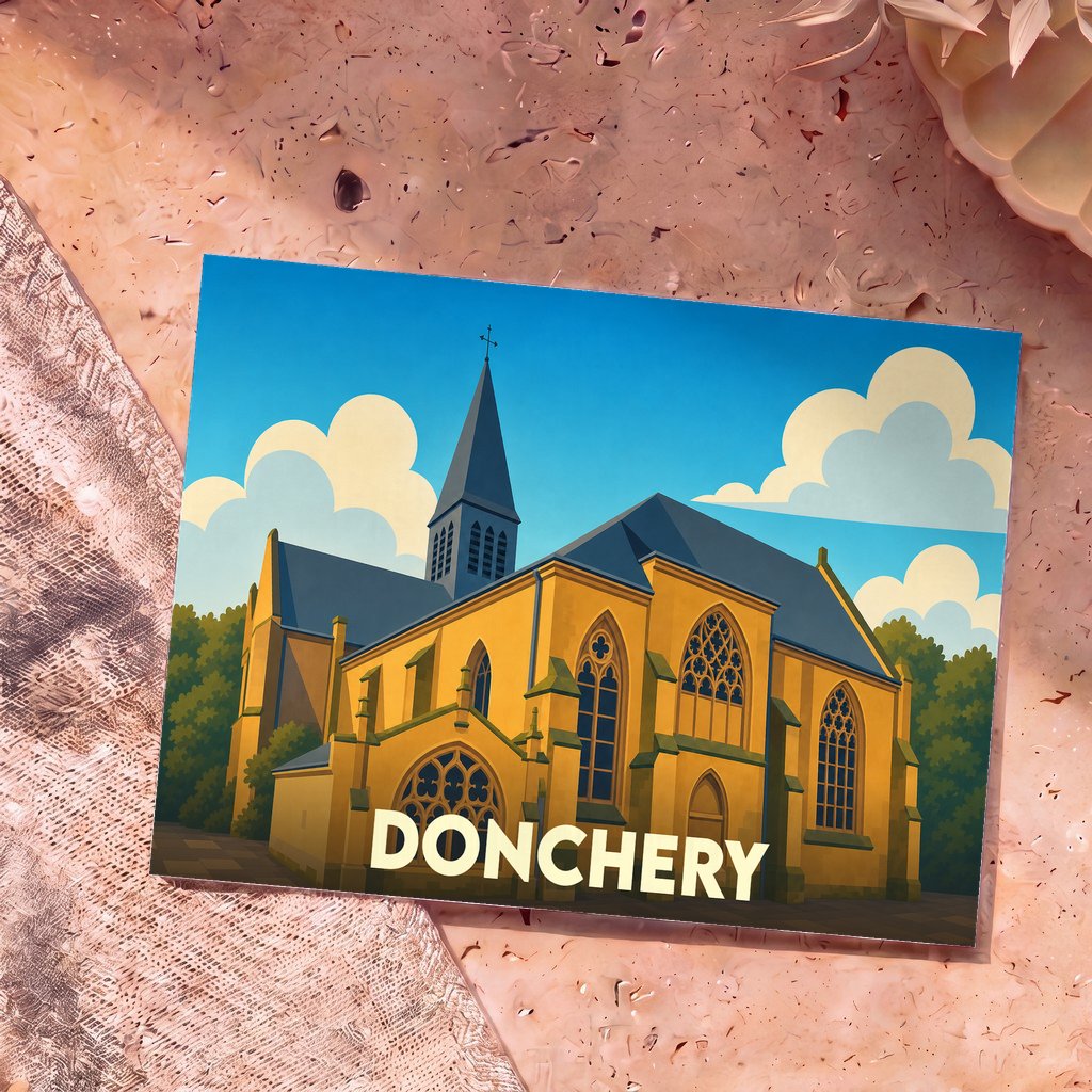 Carte postale souvenir de la ville de Donchery représentant son église dans un style graphique épuré.