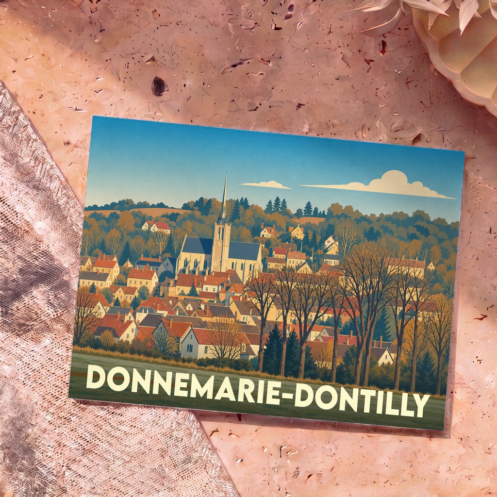 Carte postale souvenir de la ville de Donnemarie-Dontilly avec une illustration stylisée de son église et de ses toits.
