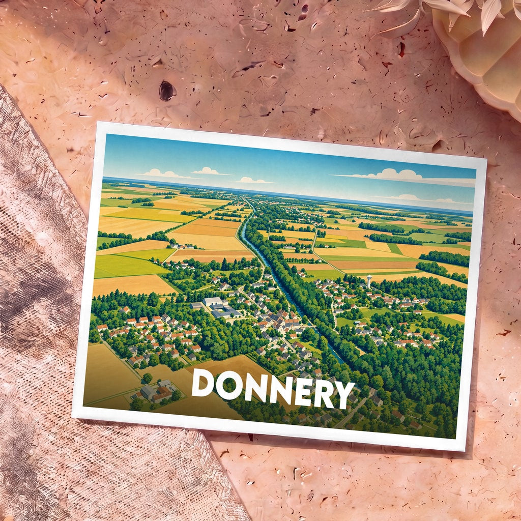 Carte postale souvenir de la ville de Donnery présentant une vue aérienne illustrée de ses paysages et habitations.
