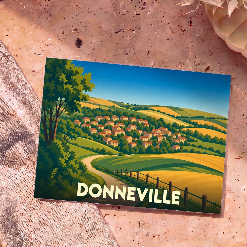 Carte postale souvenir de la ville de Donneville illustrant un paysage de collines et de villages de style graphique.