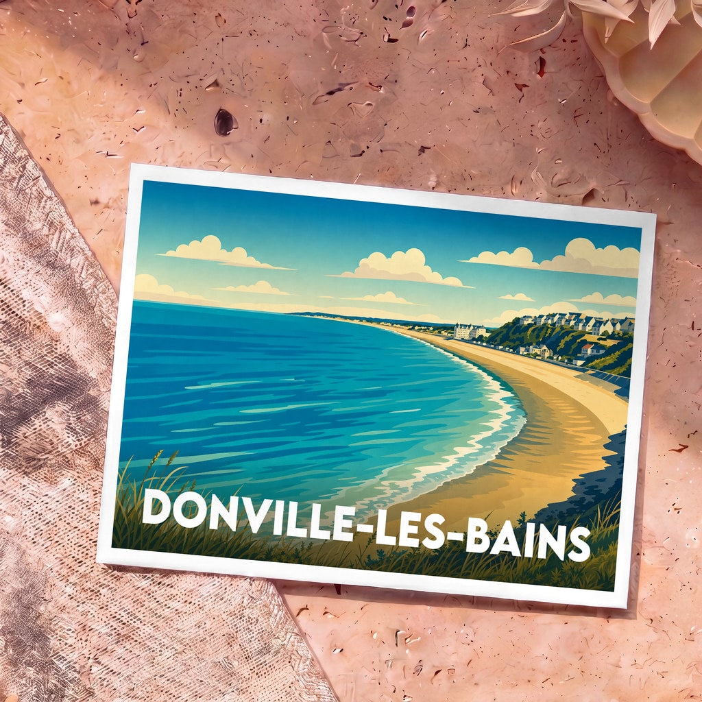 Carte postale souvenir de la ville de Donville-les-Bains avec une illustration stylisée de sa plage et du bord de mer.