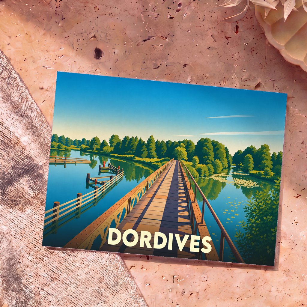 Carte postale souvenir de la ville de Dordives avec une illustration stylisée d'un pont en bois sur une rivière calme entourée de verdure.