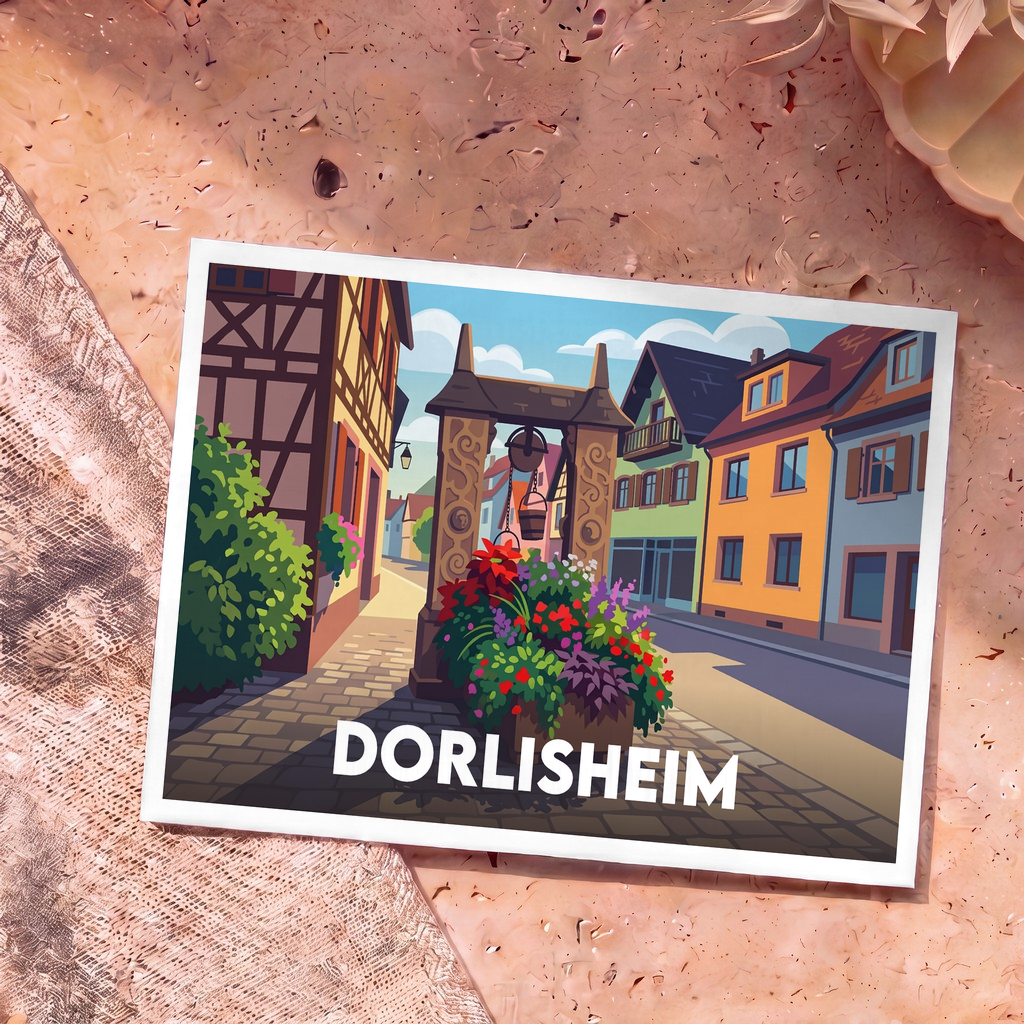 Carte postale souvenir de la ville de Dorlisheim avec une illustration stylisée d'une rue typique et son puits fleuri.
