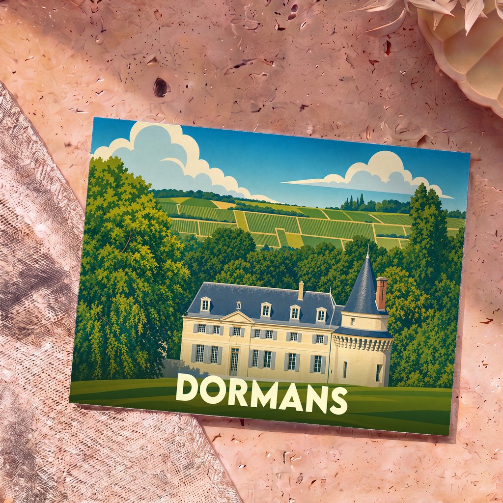 Carte postale souvenir de la ville de Dormans illustrant un château entouré de vignobles dans un style graphique épuré.