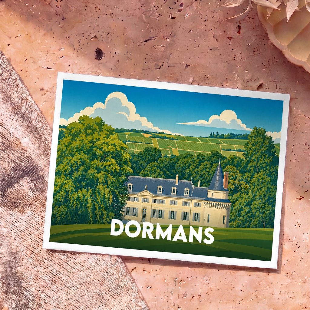 Carte postale souvenir de la ville de Dormans illustrant un château entouré de vignobles dans un style graphique épuré.