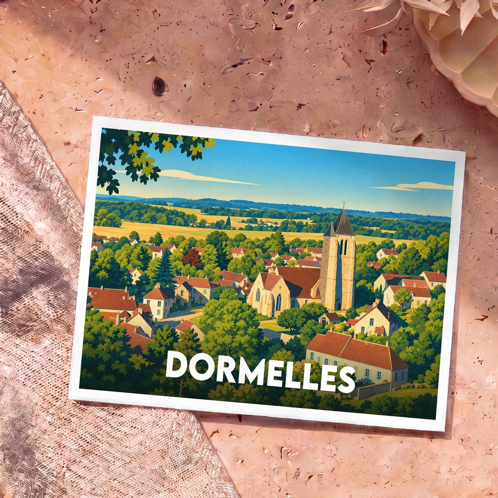 Carte postale souvenir de la ville de Dormelles avec une illustration stylisée d'un village pittoresque.