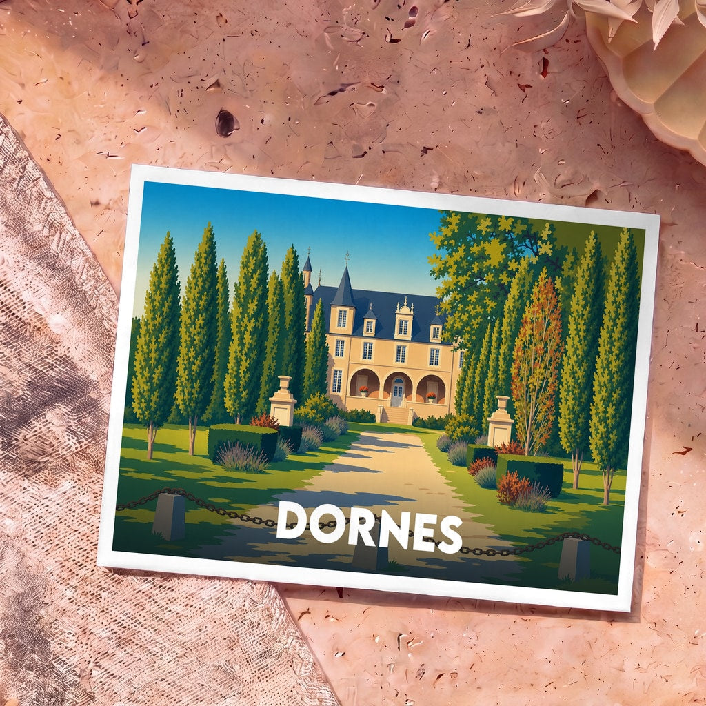 Carte postale souvenir de la ville de Dornes illustrant un château entouré de cyprès dans un style graphique épuré.