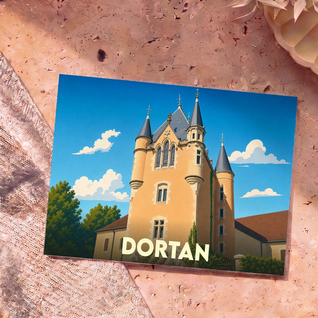 Carte postale souvenir de la ville de Dortan avec une illustration stylisée de son château sous un ciel bleu.