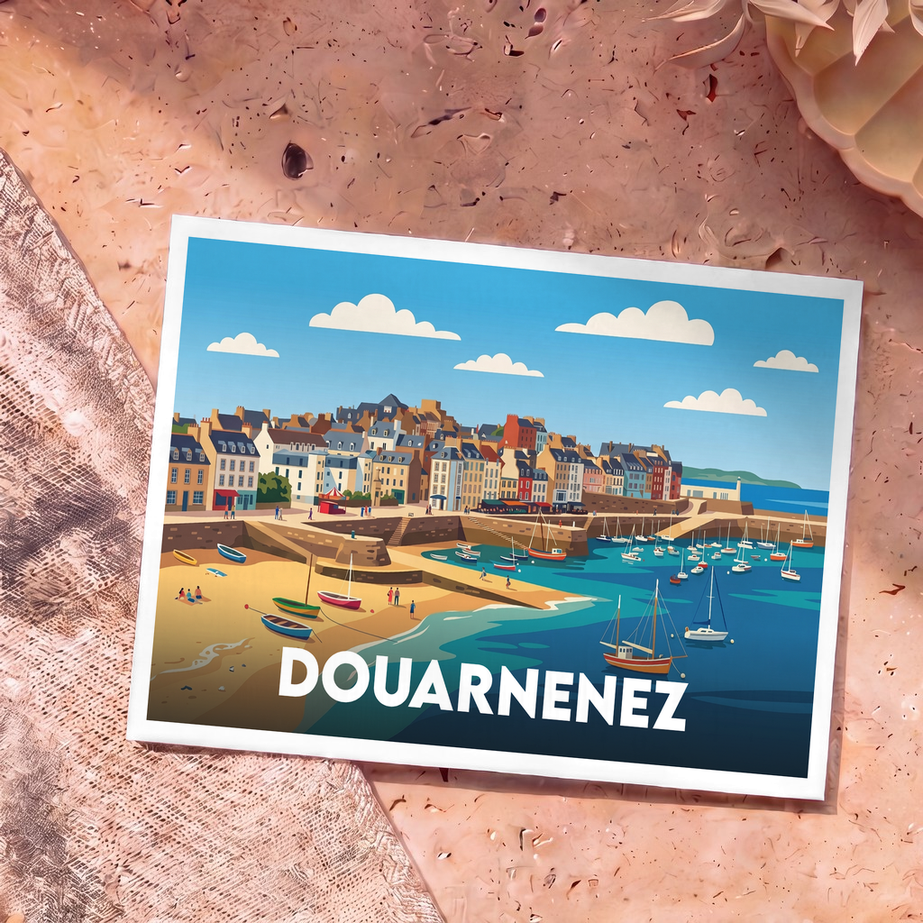 Carte postale souvenir de la ville de Douarnenez illustrant son port et ses maisons colorées dans un style graphique épuré.