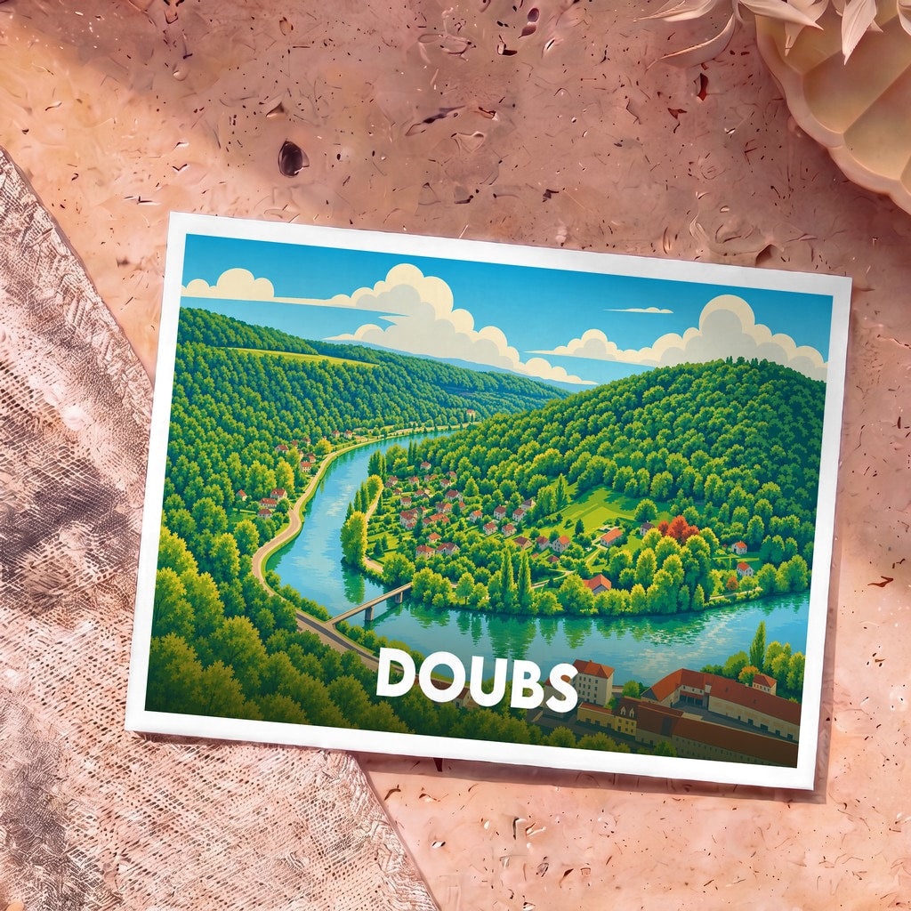 Carte postale souvenir du Doubs avec une illustration stylisée d'une rivière serpentant entre des collines verdoyantes.