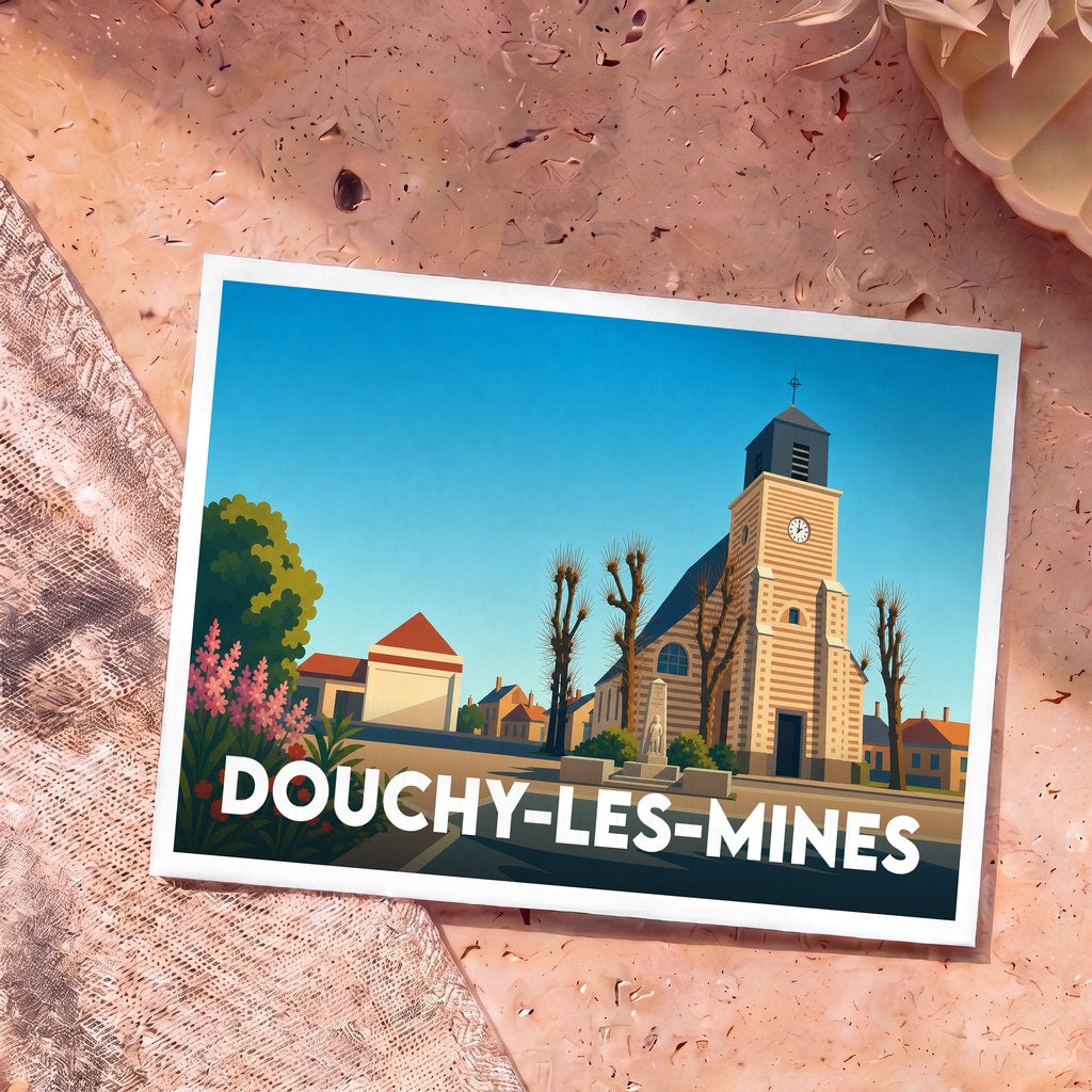 Carte postale souvenir de la ville de Douchy-les-Mines avec une illustration stylisée de son église et de sa place.