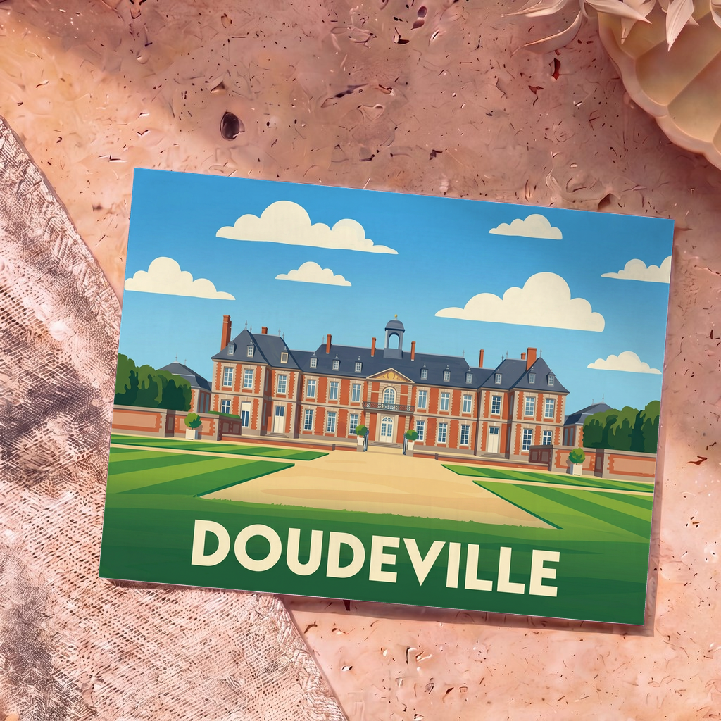 Carte postale souvenir de la ville de Doudeville avec une illustration stylisée de son château.