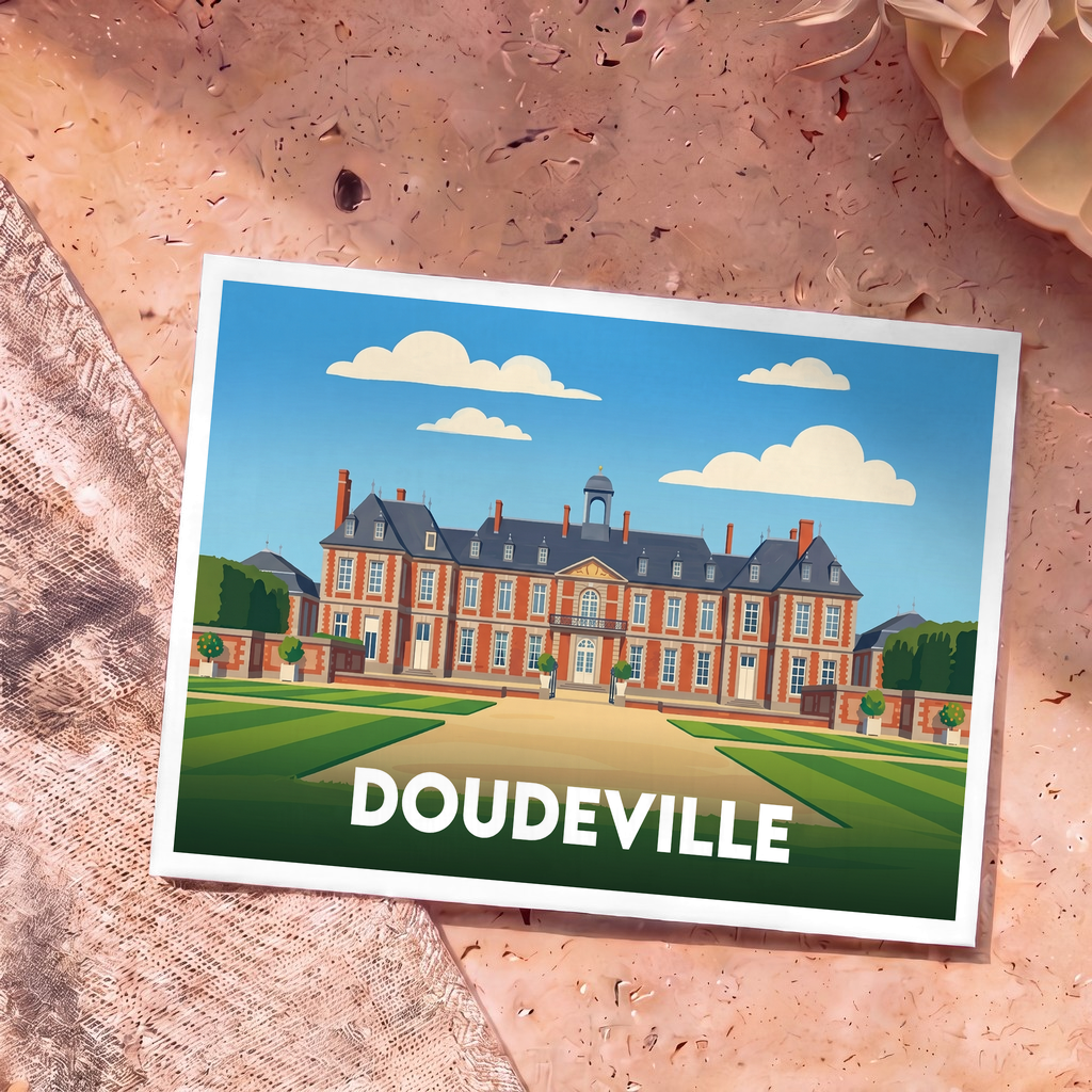 Carte postale souvenir de la ville de Doudeville avec une illustration stylisée de son château.