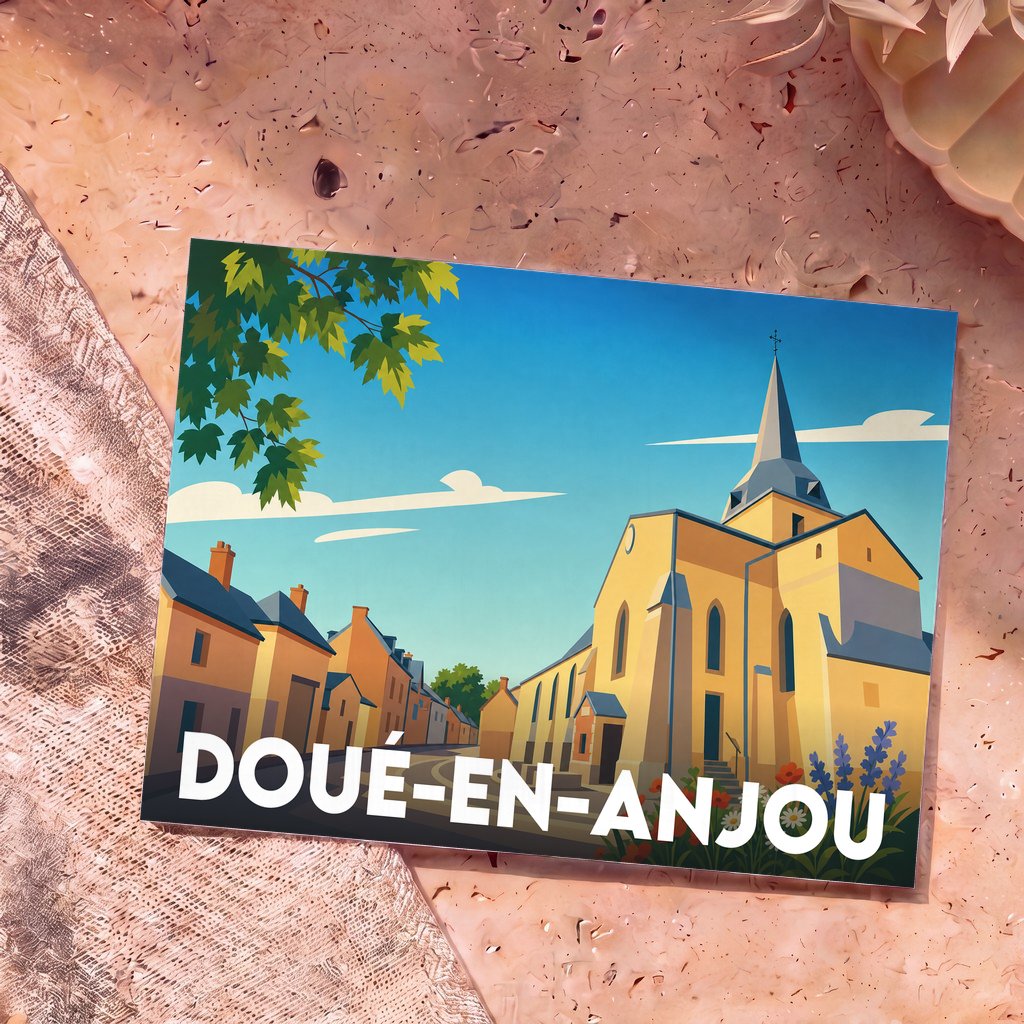Carte postale souvenir de la ville de Doué-en-Anjou avec une illustration stylisée d'une église et de maisons colorées.