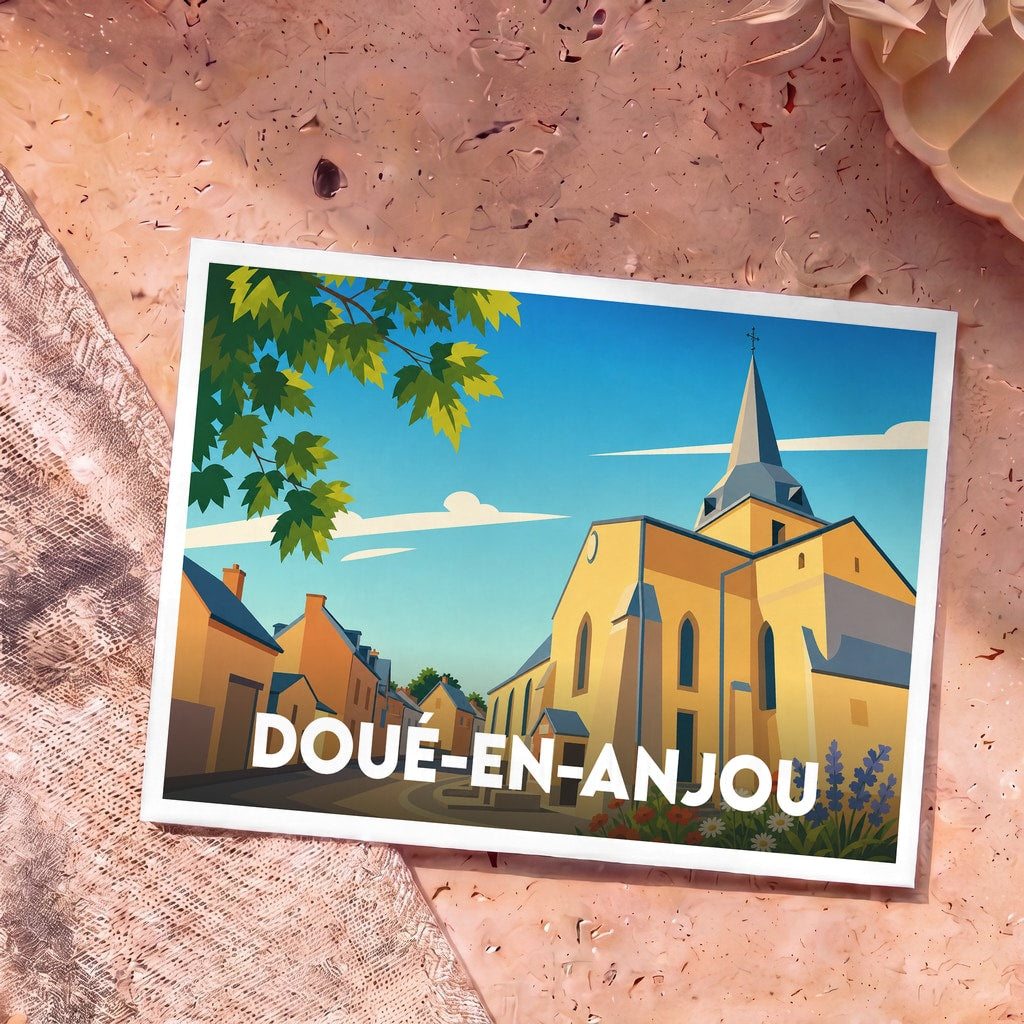 Carte postale souvenir de la ville de Doué-en-Anjou avec une illustration stylisée d'une église et de maisons colorées.
