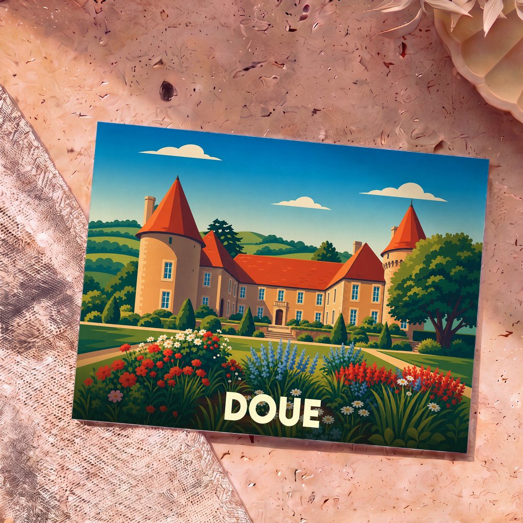 Carte postale souvenir de la ville de Doue avec une illustration stylisée d'un château et de ses jardins fleuris.